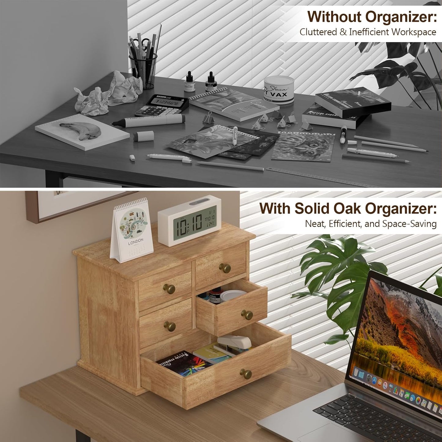Oak Desk Organizer with Drawers, Durable Wooden Desktop Storage Box with Metal Handles & Non-Slip Silicone Pads, 4 Drawer Tabletop Organizer for Office, Bedroom, Bathroom, Vanity, and Makeup – Walnut
