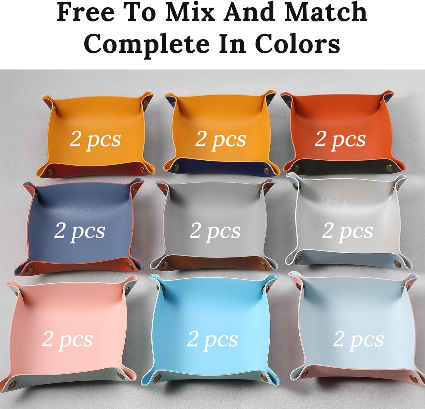 18 Pcs Leather Valet Trays, Two on Each Side Leather Tray Organizer with Snap Buttons, Foldable Key Tray for Entryway, Desk, Travel - 9 Colors (2 Each)