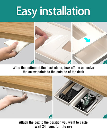 SVNNELP Large Under Desk Table Drawer Storage Organizer A4, Hidden Self-Adhesive Under Desk Pencil Tray Drawer for Office (Clear Black/L)