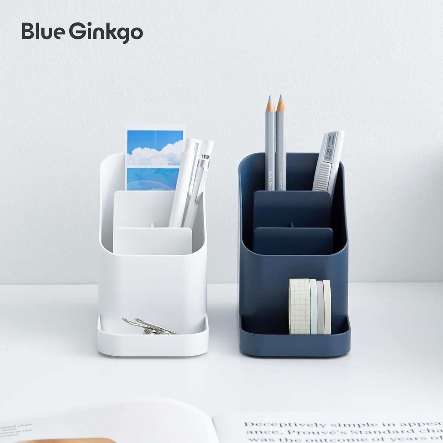 BLUE GINKGO Desk Holder – Korean-Made Office Organizer for Pencils, Pens, Notes, and Desk Supplies (White)