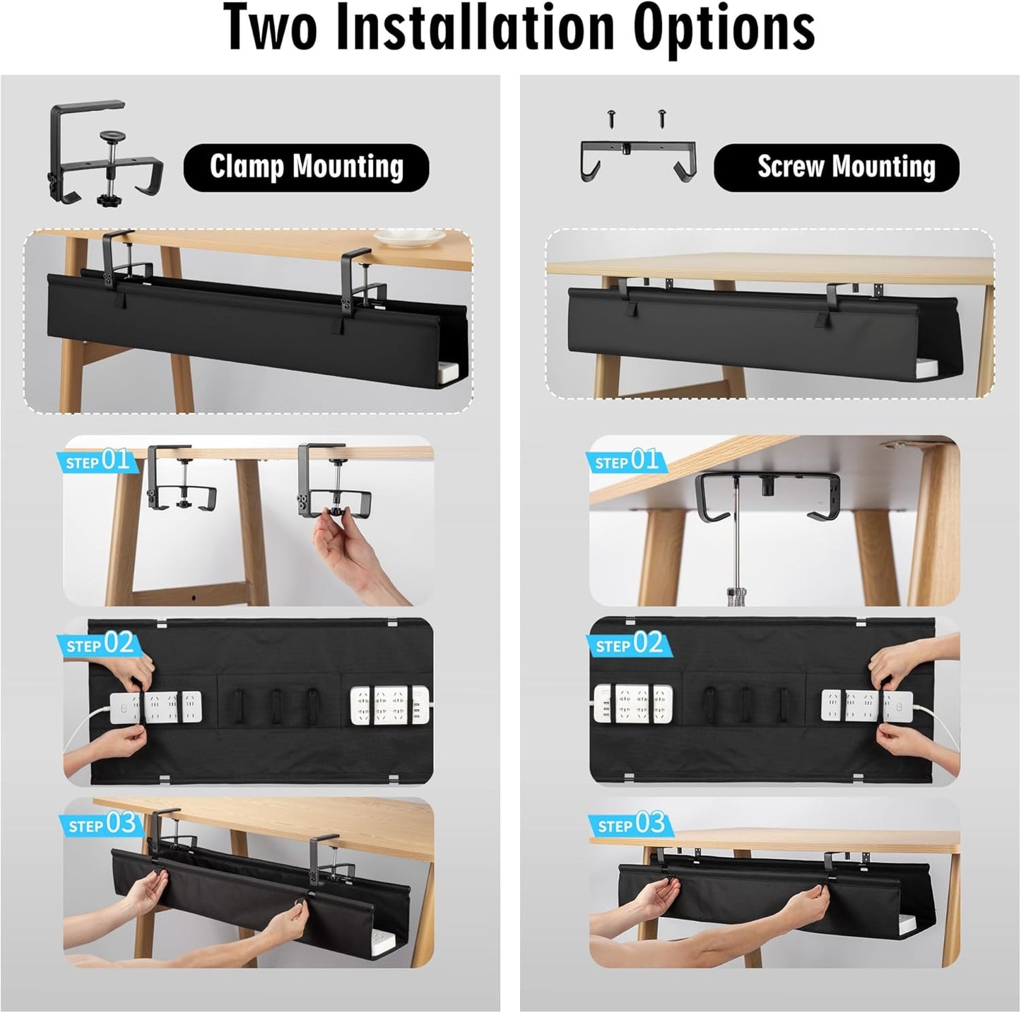 No Drill Large Under Desk Cable Management Tray, Fabric Cord Hider for Wire Organizer, Clamp/Screw Mount Cord Organizer, Standing Desk Cable Management for Office Home (Large (36 Inch))
