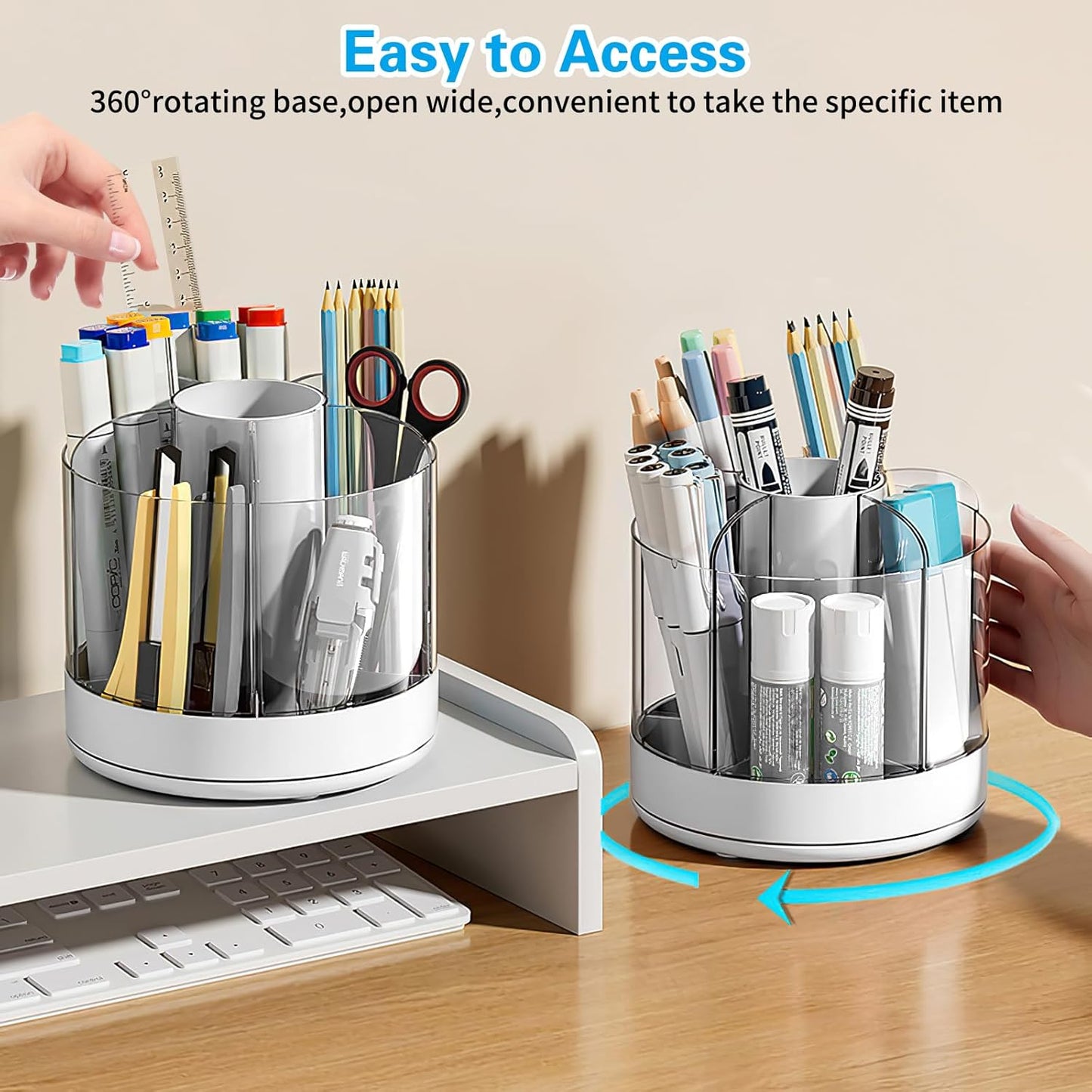 Marte Vanci 360 Degree Rotating Pen Pencil Holder Desk Stationery Organizer Tidy Organizer for Pencil Makeup Painting Brush Cosmetic Craft Storage Bin Pen Pot for Home Office School 6 Slots White