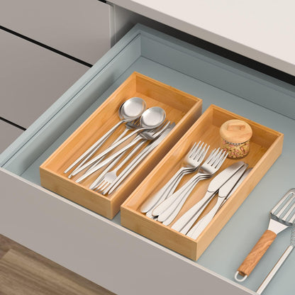 VeyFey Bamboo Drawer Organizer, Stackable Utensil Organizer for Kitchen, Bamboo Storage Box Wood Silverware Tray for Drawer 15" x 6" x 2" Set of 2