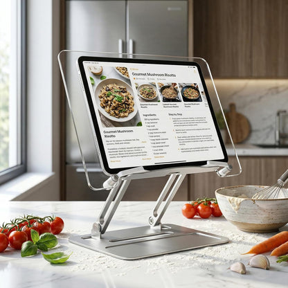 Premium Aesthetic Aluminum Acrylic Book Stand for Reading, Ergonomic Book Holders for Reading Hands Free, Portable Laptop Book Stand for Desk, Reading Stand for Textbook, Recipe, Music Sheets