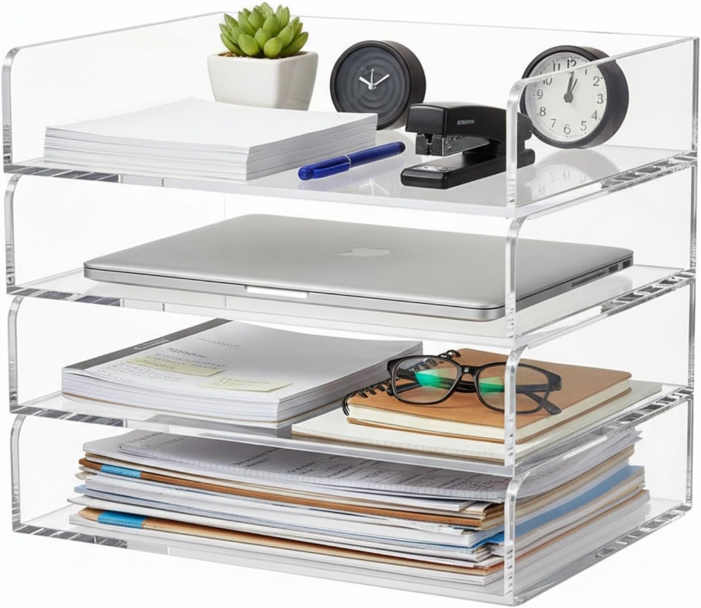 Harloon 4 Tier Paper Organizer Letter Tray Acrylic Desk File Organizer Heavy Duty Stackable Documents Clear Letter Paper Holder Sorter Office Tray for A4, Office Classroom Home File Pad Notebooks