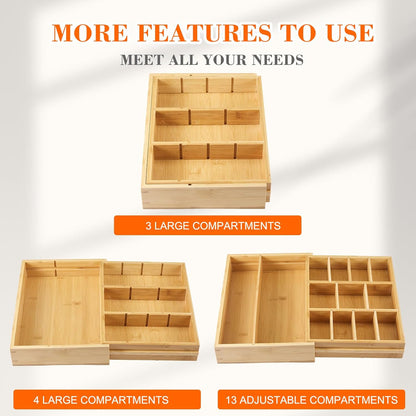 Bamboo Sliding Desk Drawer Organizer 8.2'' up to 16.4'' x 14.4'' x 2.2'' Expandable Office Desk Accessories Supplies Tray with 7 Compartments for Pens, Notebooks, Rulers, and Makeup Jewelry Vanity