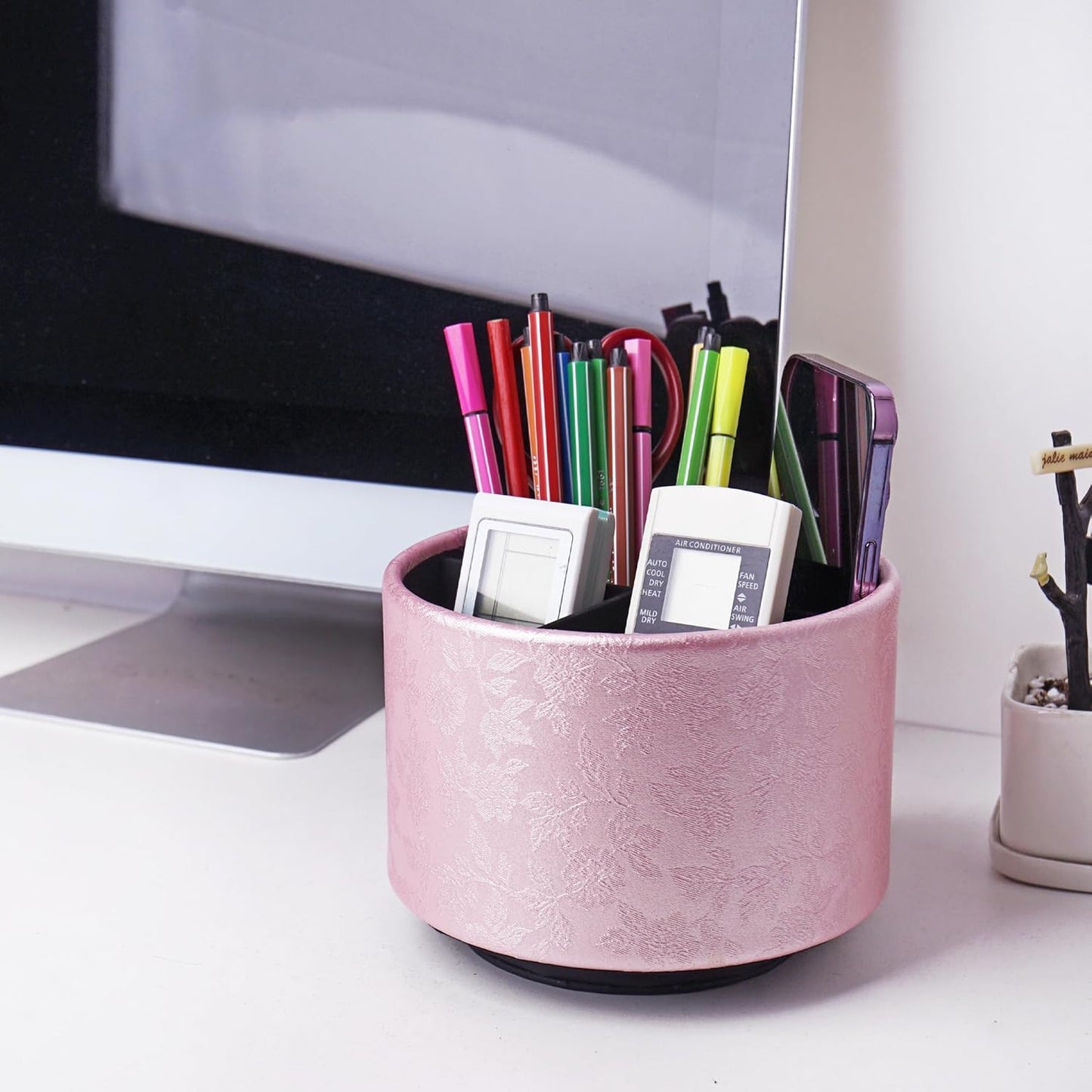 lizimandu Round Leather Art Supply Organizer,Remote Control Holder,360 Degree Spinning,Multi-Functional Pencil Holder,4 Compartments Desktop Stationary Organizer(1-Gold) - Colors B