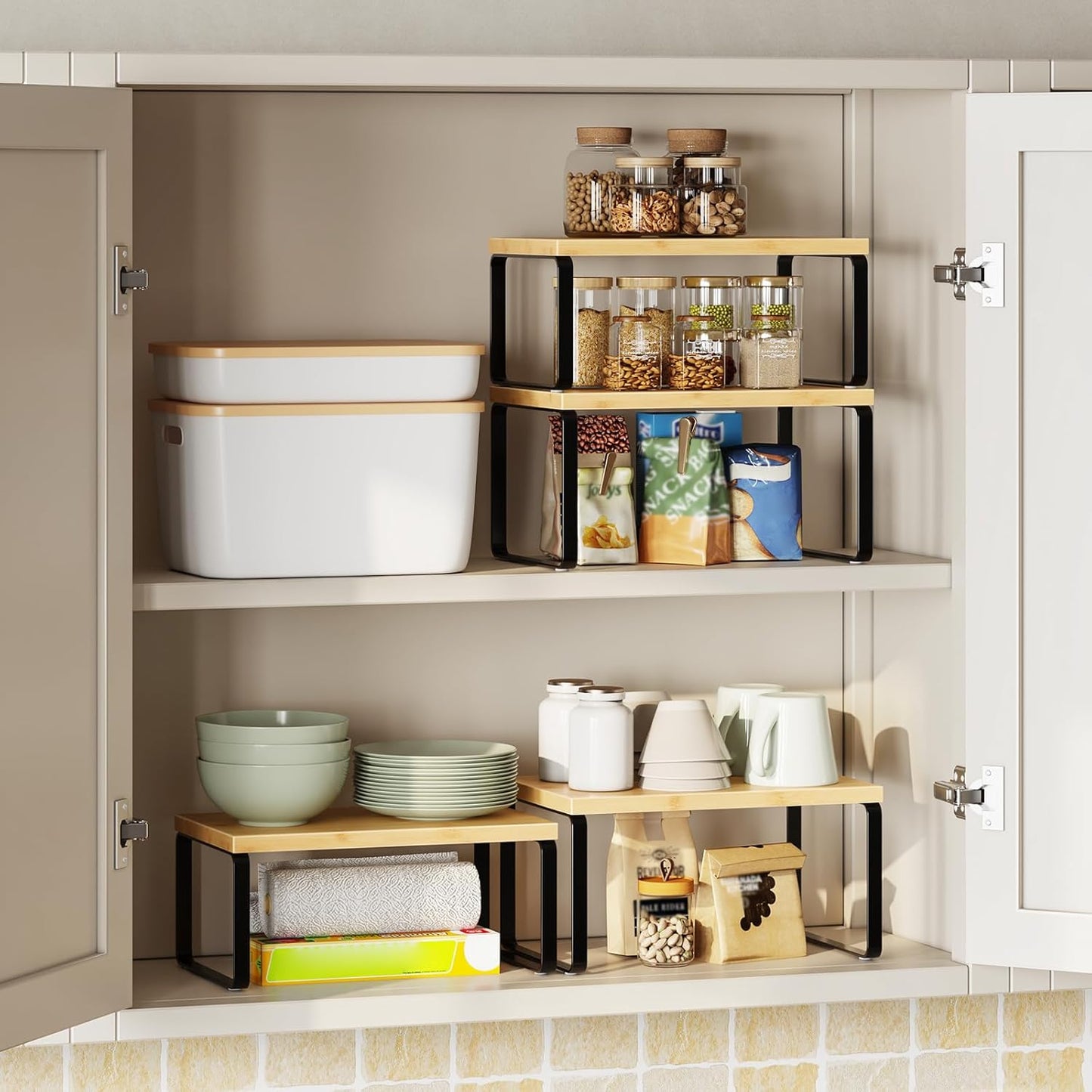 HOOBRO Cabinet Organizer Shelf, Set of 2 Kitchen Counter Shelves, Expandable Kitchen Storage, Stackable Bamboo Spice Rack, for Kitchen, Countertop, Office Desk, Bathroom, Natural and White YW30TL01