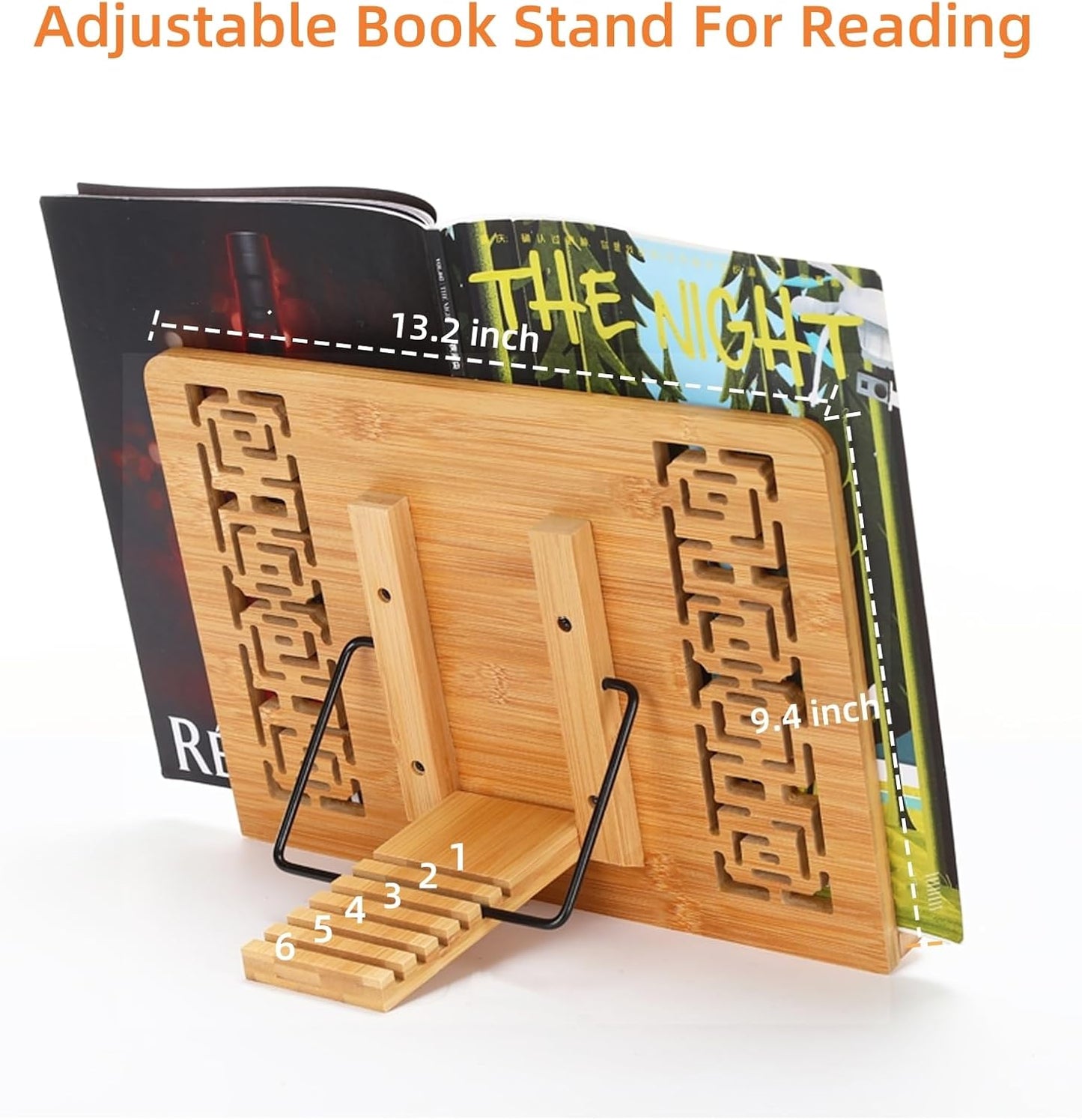 MEGREZ Bamboo Book Stand (13.2 x 9.4 inch) for Reading, Kitchen Cookbook Holder, Adjustable for Tablet/Textbook, Hollow Bookrest, Panda