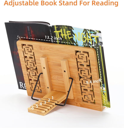 MEGREZ Bamboo Book Stand (13.2 x 9.4 inch) for Reading, Kitchen Cookbook Holder, Adjustable for Tablet/Textbook, Hollow Bookrest, Panda