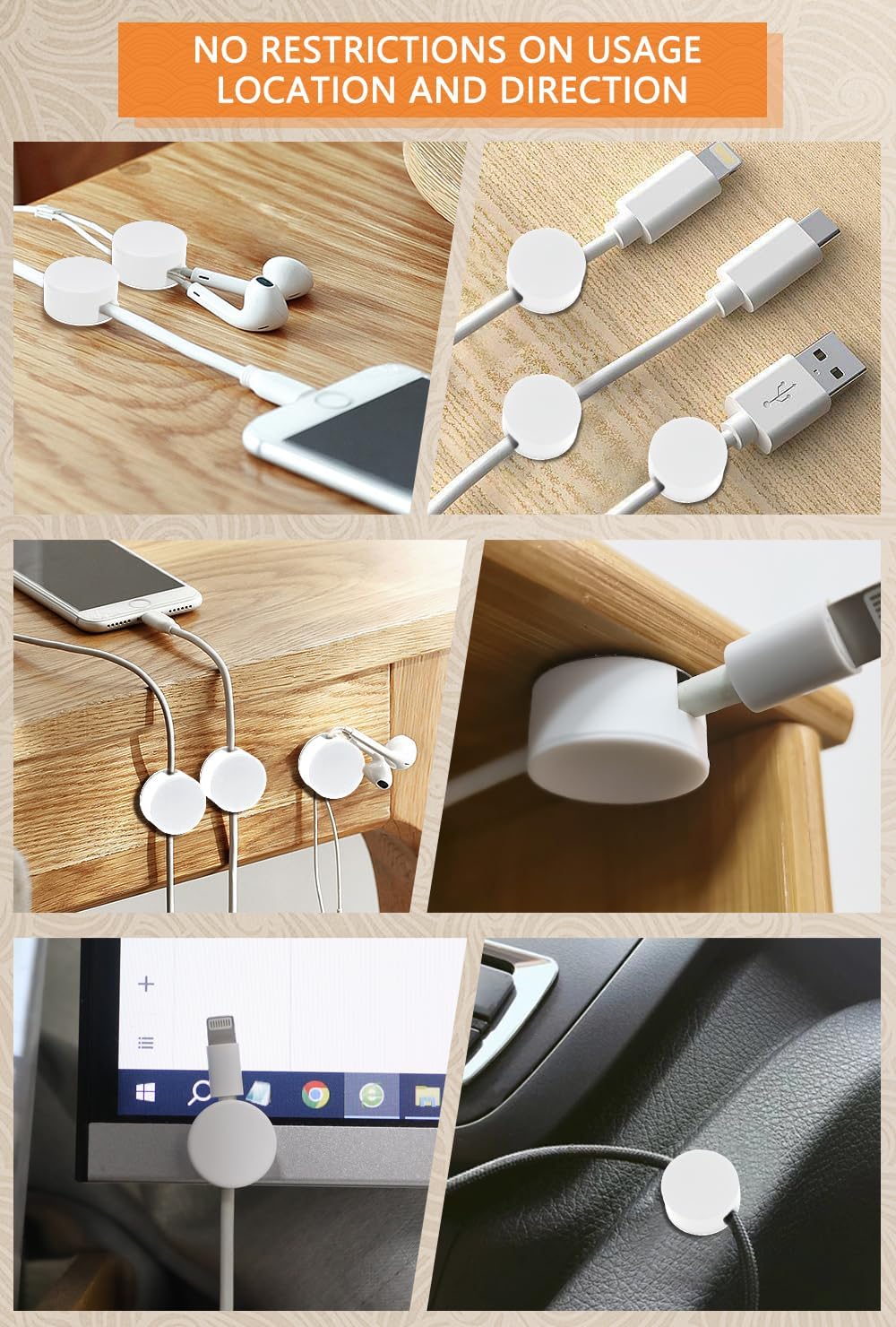 Maveek 5 Pcs Magnetic Cord Holder Cable Management, Strong Cable Clips Magnets Metal Plate, Adhesive Wire Organizers for Nightstand Desktop Wall Kitchen USB LAN (Black)