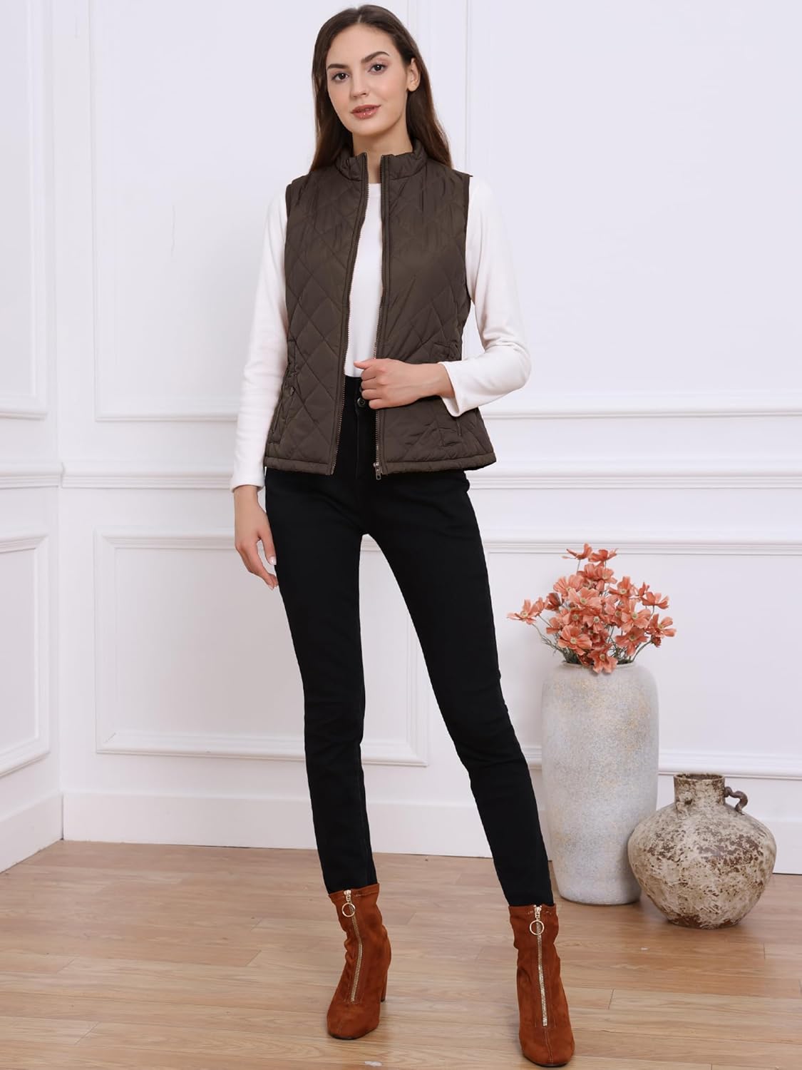 Allegra K Women's Puffer Vest Stand Collar Lightweight Gilet Quilted Zip Vest