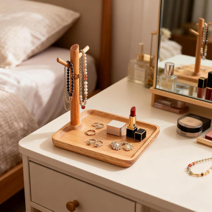 Acacia Wood Key Tray for Entryway Table, Wooden Catchall Organizer with Jewelry Storage Rack, Valet Tray for Keys Wallet Watches Sunglasses Rings(Rectangle)