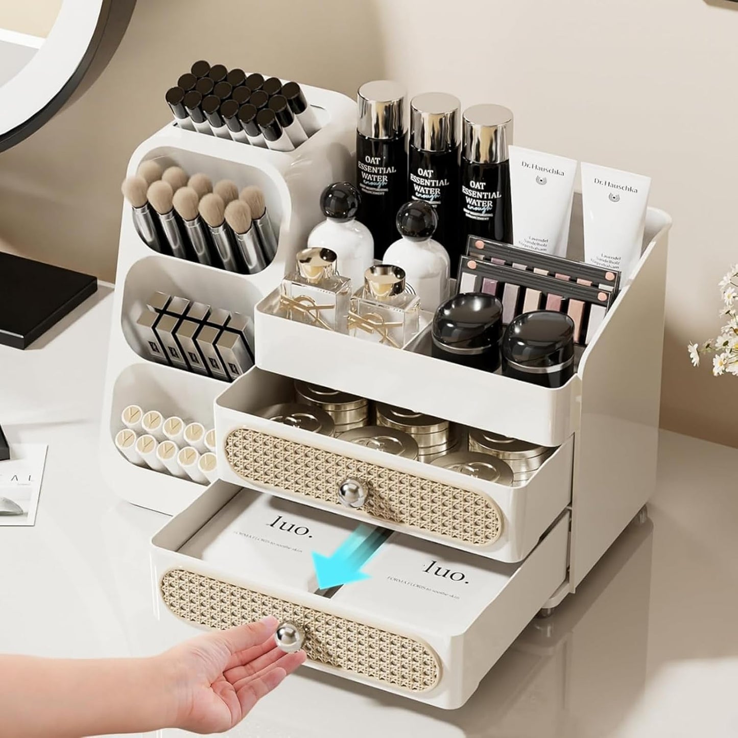 Booklov Makeup Organizer for Vanity, Countertop Cosmetic Display Case with Clear Acrylic Drawers, Bathroom Counter Beauty Caddy, Cute Table Storage Holder for Skincare, Brush Lipsticks, Crystal White