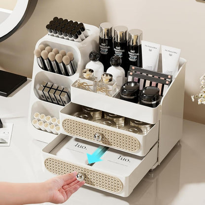 Booklov Makeup Organizer for Vanity, Countertop Cosmetic Display Case with Clear Acrylic Drawers, Bathroom Counter Beauty Caddy, Cute Table Storage Holder for Skincare, Brush Lipsticks, Crystal White