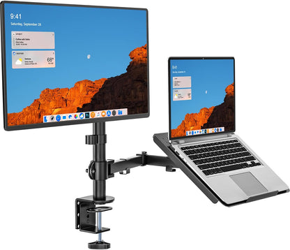 WALI Single Arm Laptop and Monitor Desk Mount for 17" Notebook and Up to 32" Screen, 2-in-1 Adjustable Monitor Arm with Laptop Tray, VESA 75x75 100x100,Holds 22-26.4 lbs, Black (GSMP001NLP)
