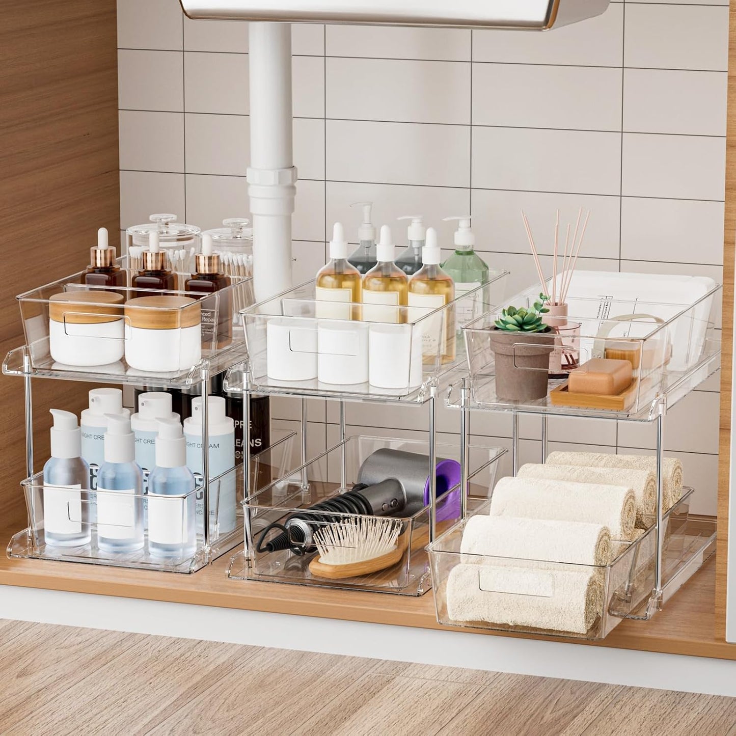 Fabspace Pull-out Home Organizer, 2 Pack 2 Tier Clear Bathroom Organizer with Dividers, Multipurpose Vanity Counter Tray, Kitchen, Closet Organizers, Cabinet & Storage Container Bins
