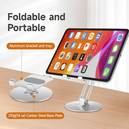 Adjustable Aluminum Phone Stand for Desk, No Wobble Heavy Base, Height Adjustable iPhone & iPad Stand, 360° Rotating Foldable Phone Holder for Desk Office Home (4–11”)