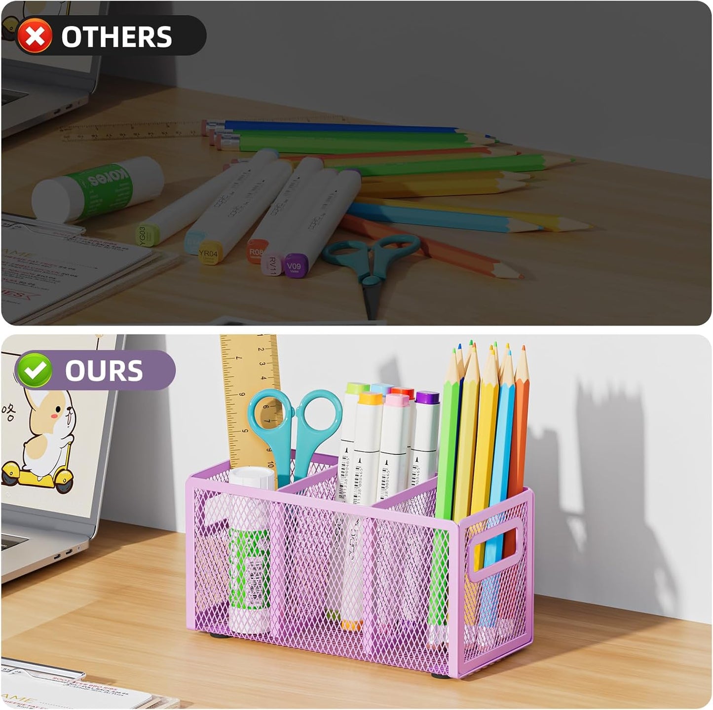 Marbrasse Mesh Pen Holder for Desk,Pencil Holder Desk Organizer 3 Adjustable Compartments,Pencil Cup with Handle Perfect for Classroom, Office, Home,Makeup,Art (Black)