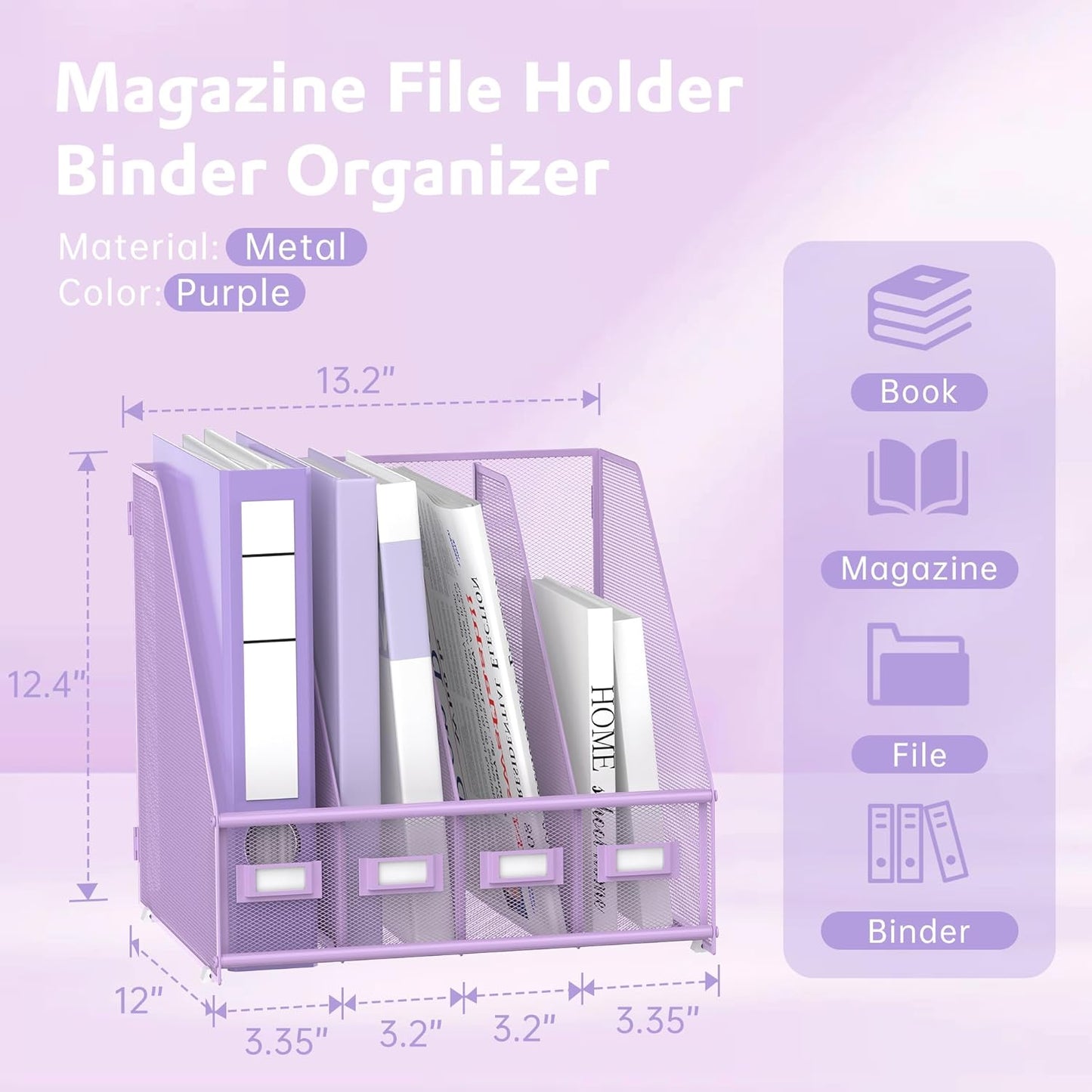 SUPEASY Magazine File Holder, Binder Holder Metal Desk Organizer with 4 Rack Compartments, File Organizer for Office Home School, Black