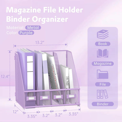 SUPEASY Magazine File Holder, Binder Holder Metal Desk Organizer with 4 Rack Compartments, File Organizer for Office Home School, Black
