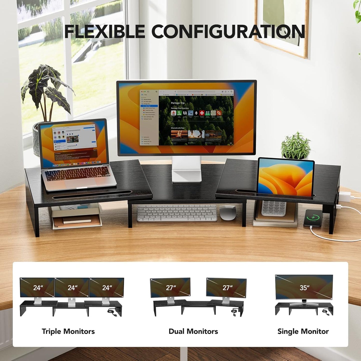 HUANUO Dual Monitor Stand -Monitor Stand with USB ports ,Adjustable Length and Angle, Dual monitor riser w/ Desktop Socket, Monitor Stand Riser for PC, Computer, Laptop (Black)