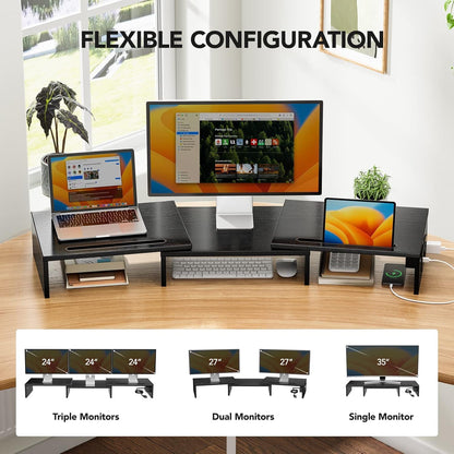 HUANUO Dual Monitor Stand -Monitor Stand with USB ports ,Adjustable Length and Angle, Dual monitor riser w/ Desktop Socket, Monitor Stand Riser for PC, Computer, Laptop (Black)