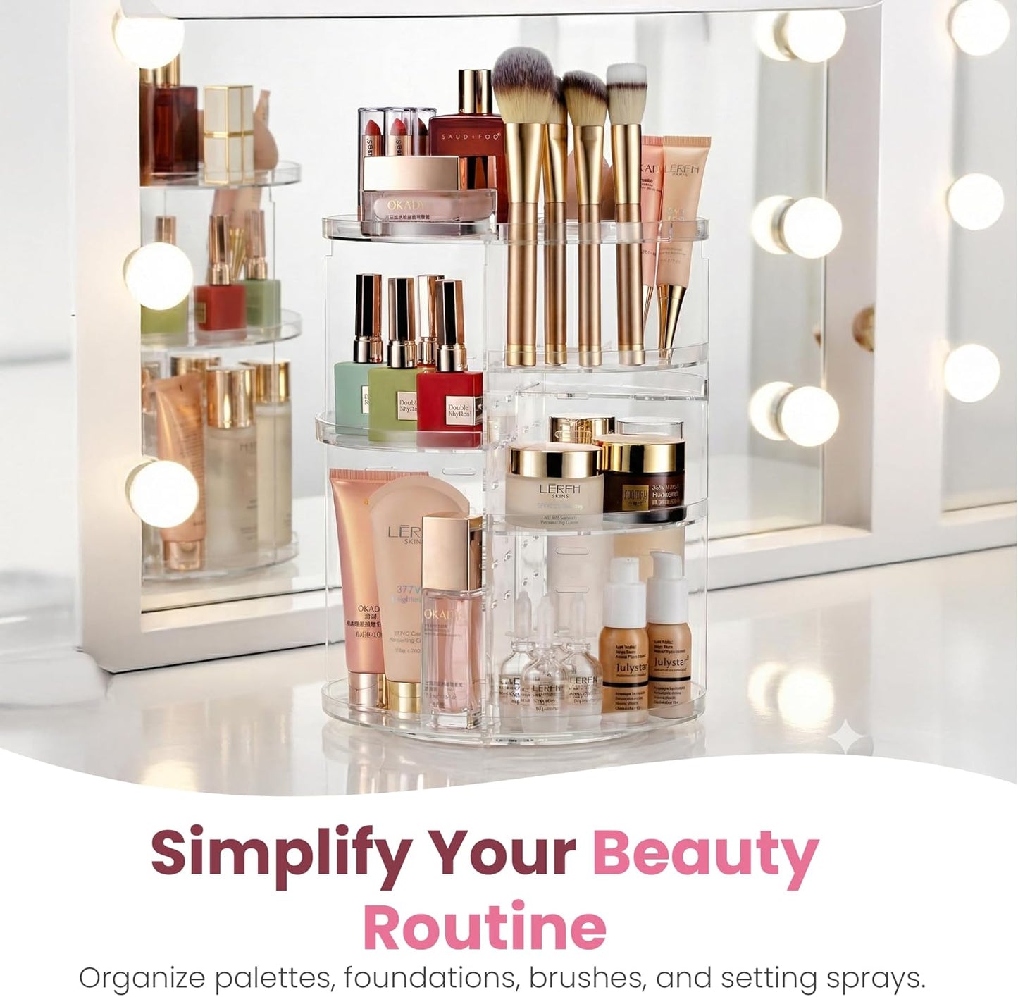 Masirs Small 360 Rotating Makeup Organizer - Mini Yet Spacious Cosmetic Storage Solution with Multiple Compartments - The Perfect Spinning Make-Up Caddy for Vanity or Bathroom Counter (Round - Clear)