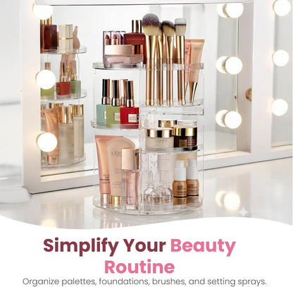 Masirs Small 360 Rotating Makeup Organizer - Mini Yet Spacious Cosmetic Storage Solution with Multiple Compartments - The Perfect Spinning Make-Up Caddy for Vanity or Bathroom Counter (Round - Clear)