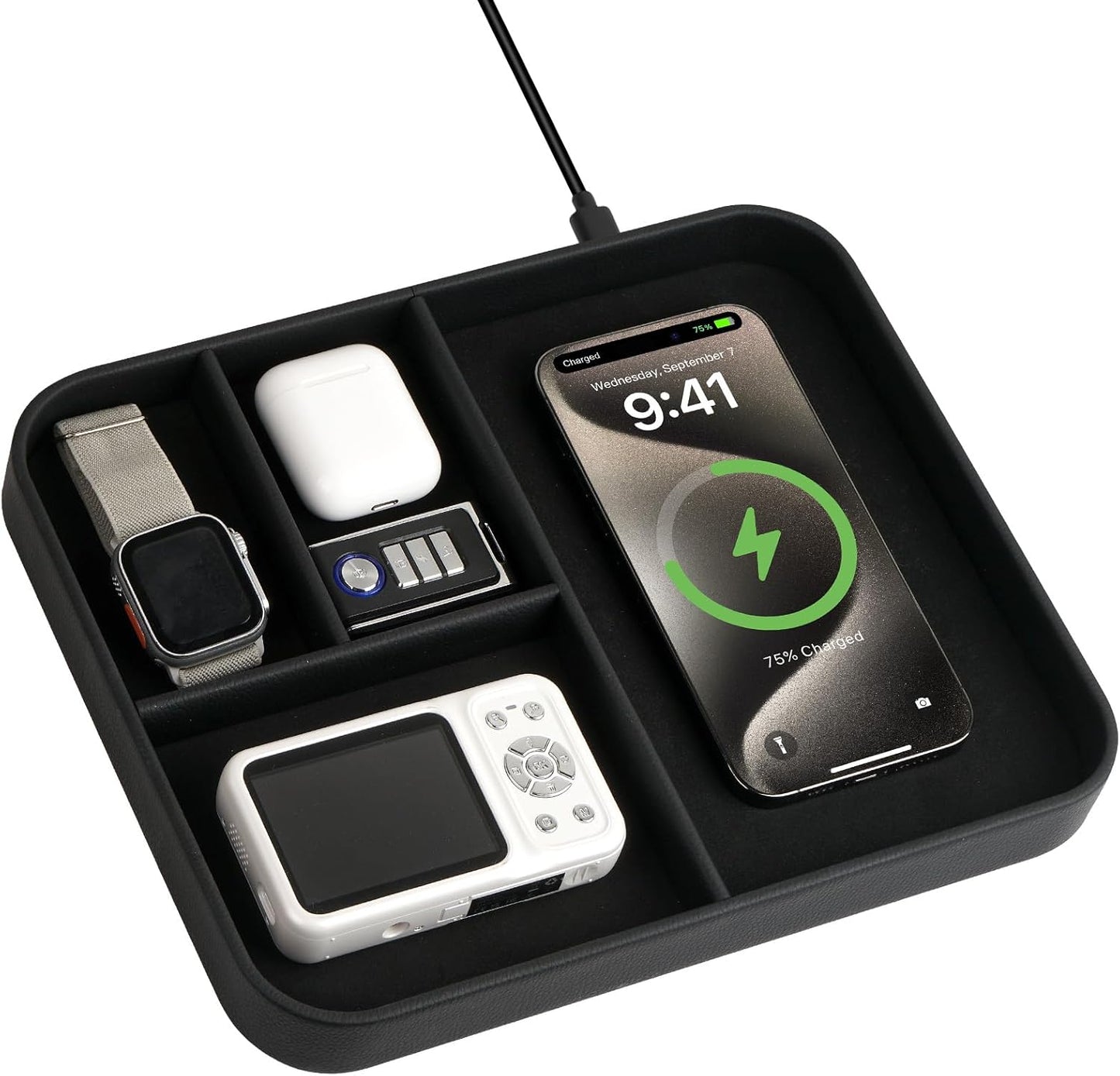VOVIPO Birthday Gifts Bedside Organiser-Faux Leather Valet Tray With Wireless Charger For Phone And Earbuds,Nightstand Organizer,Mens Jewelry Box,Office Desk Organizers