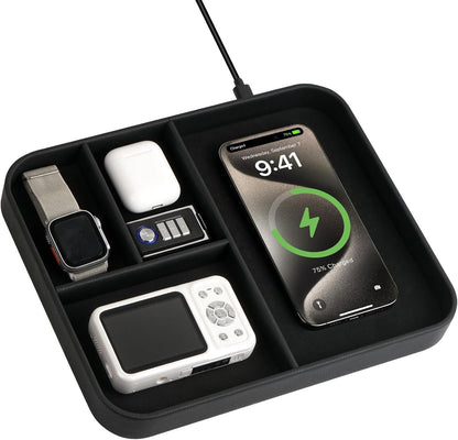 VOVIPO Birthday Gifts Bedside Organiser-Faux Leather Valet Tray With Wireless Charger For Phone And Earbuds,Nightstand Organizer,Mens Jewelry Box,Office Desk Organizers