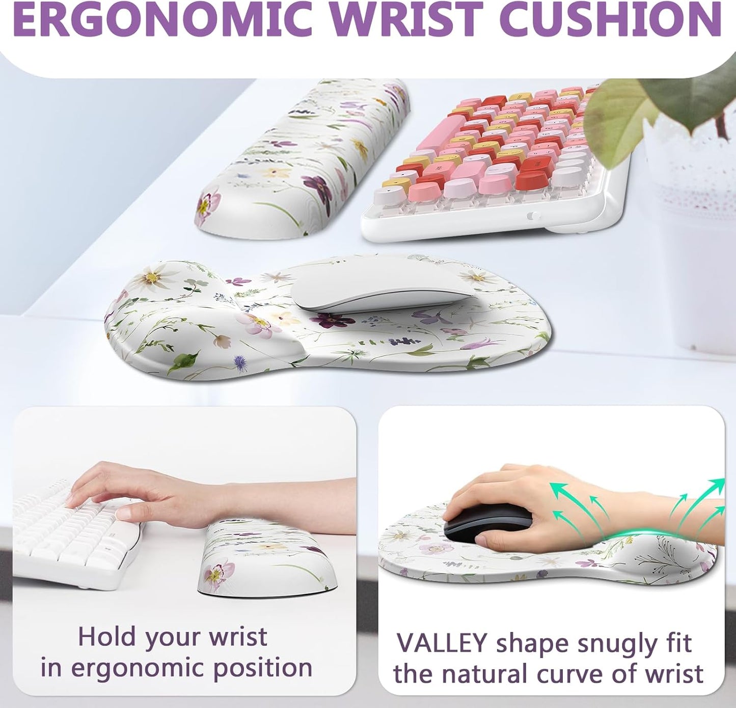 AKIT Ergonomic Mouse Pad with Wrist Rest& Keyboard Wrist Rest, Wrist Rest for Computer Keyboard, Pain Relief, Non-Slip Gel Base, Mousepad Wrist Support for Gaming, Office, Waterdrop Shaped Pink