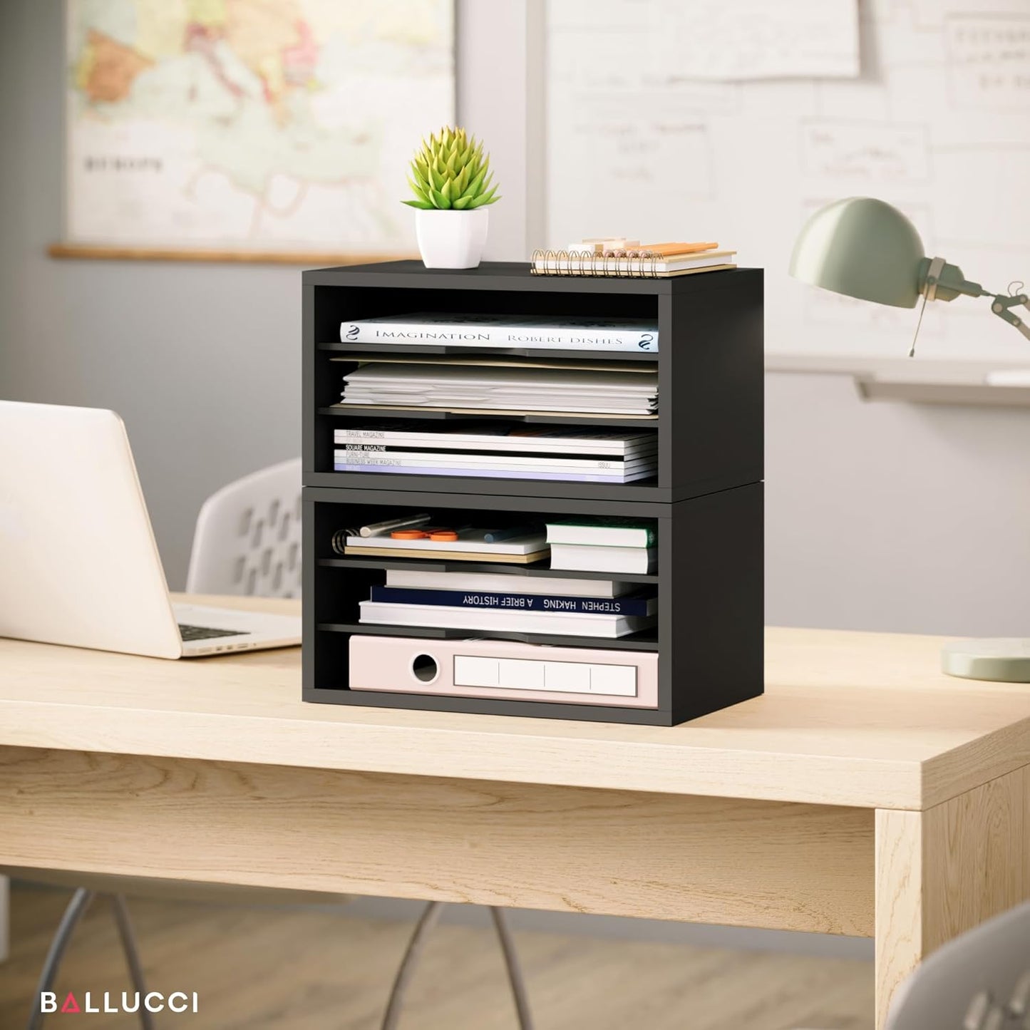 Ballucci File Organizer, 2-Tier Document Paper Sorter, Stackable Wood Desk Organizer Mail Holder, Monitor Stand with Storage Shelves, White