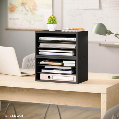 Ballucci File Organizer, 2-Tier Document Paper Sorter, Stackable Wood Desk Organizer Mail Holder, Monitor Stand with Storage Shelves, White