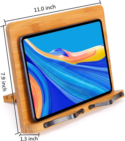 MEGREZ Bamboo Book Stand 11 x 8.0 inch, Foldable Cookbook Holder with 6 Adjustable Height, Reading Book Holder for Recipe, Music Book, Textbook, Tablet Stand, Rose