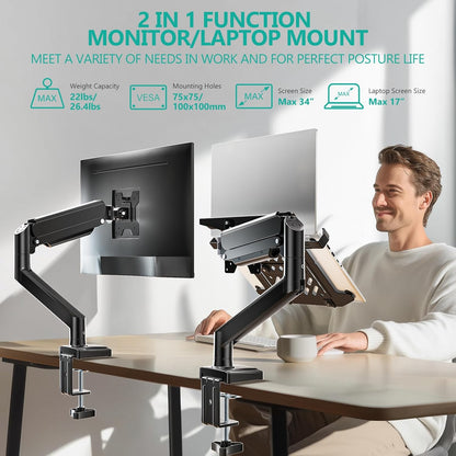 WALI Laptop Desk Mount, Single Monitor Arm with Laptop Holder, Adjustable Height Laptop Arm Mount for Desk, Fits 17” Notebook and 34” Monitors, Up to 22-26.4Lbs (GSMP001LPN), Black