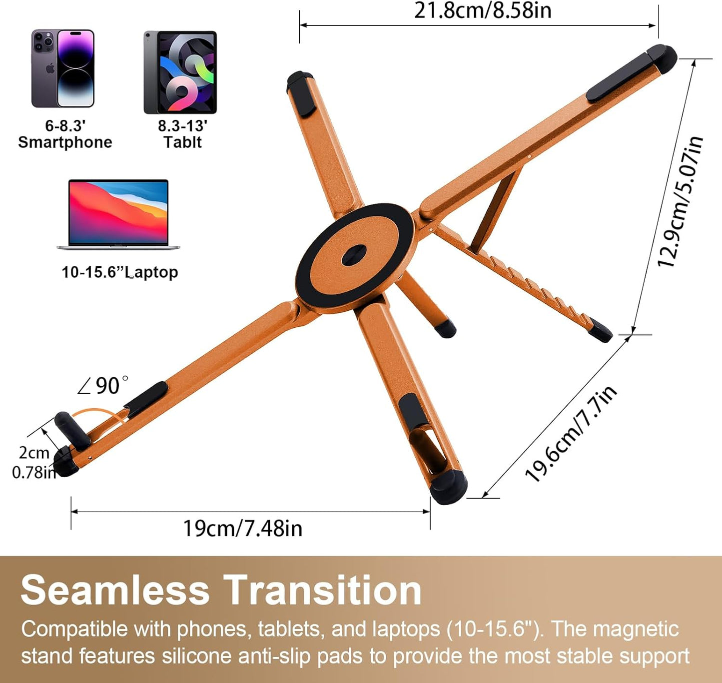 3-in-1 Foldable Magnetic Phone Tripod Stand, Portable Aluminum Alloy Adjustable Holder for Tablet, Laptop MacBook Pro/Air 10–16", Magnet Phone Mount Compatible with MagSafe iPhone Android