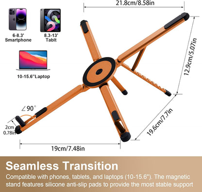 3-in-1 Foldable Magnetic Phone Tripod Stand, Portable Aluminum Alloy Adjustable Holder for Tablet, Laptop MacBook Pro/Air 10–16", Magnet Phone Mount Compatible with MagSafe iPhone Android