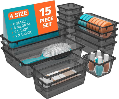 SpaceHacks 15 PCS Clear Plastic Drawer Organizer Set, 4-Size Acrylic Drawer Storage Trays, Storage Bins for Makeup, Gadgets, and Jewelry in Bathroom, Bedroom and Office, Clear Black
