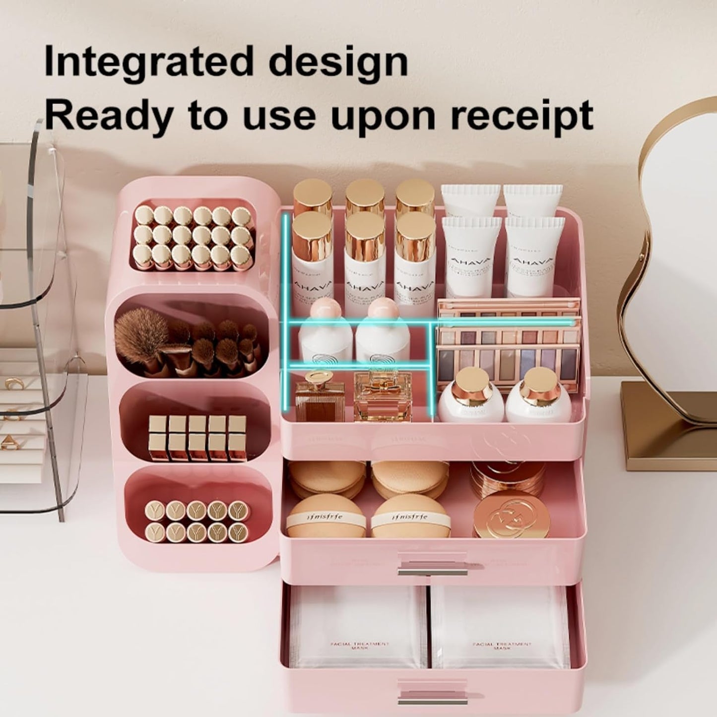 Booklov Makeup Organizer for Vanity, Countertop Cosmetic Display Case with Clear Acrylic Drawers, Bathroom Counter Beauty Caddy, Cute Table Storage Holder for Skincare, Brush Lipsticks, Crystal White