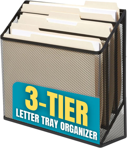 1InTheOffice 3 Tiers File Folder Organizer, Desk Sorter, Black Mesh