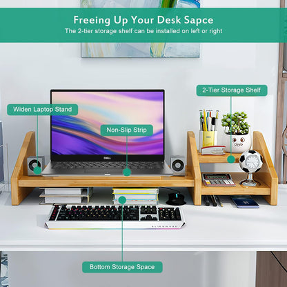Ufine Bamboo Laptop Stand for Desk 3 Heights Adjustable Notebook Stand Computer Monitor Riser with 2 Tier Storage Shelf, Desktop Organizer Printer Stand for Home Office