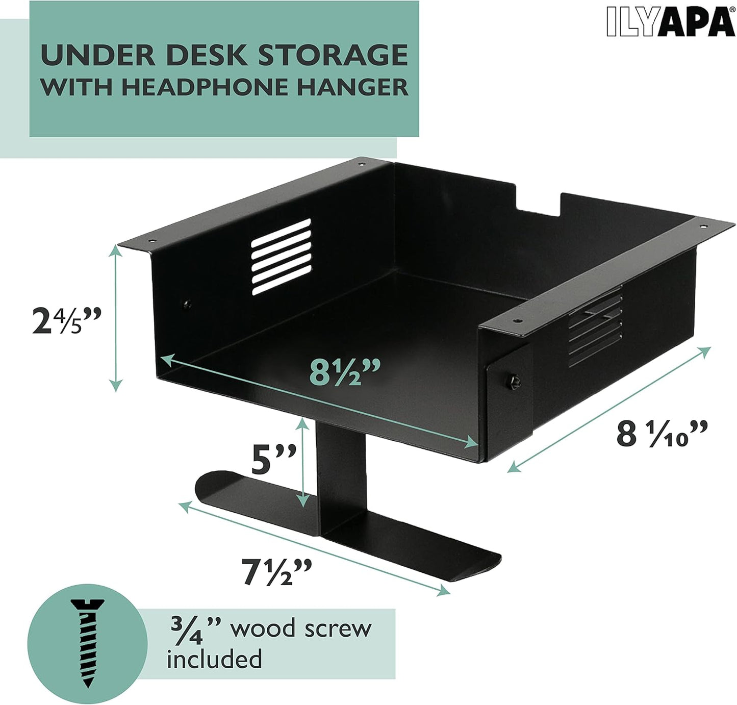 Ilyapa Under Desk CPU Mount, Steel Under Desk Computer Mount Vented Sides, PC Wall Storage, Laptop Stand, Shelf for Office Storage, 4x12x11 Inches