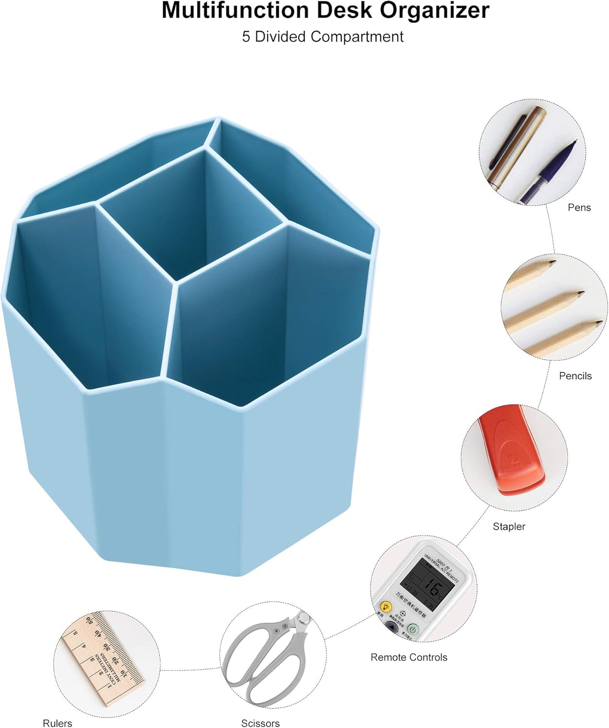 Siveit Desk Pencil Pen Holder, Rotating Pen Organizers 360-Degree 5 Grid Pen Holder for Desktop Storage Stationery Supplies Organizer, Home, Office, School, Kids, Peach Pink