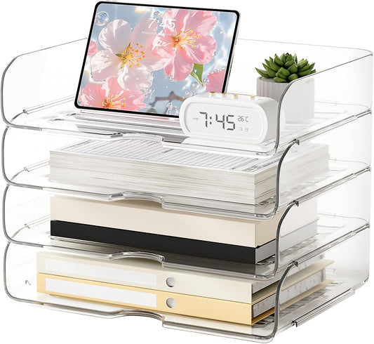 4-Tier Large-Capacity Paper Organizer, Clear Stackable Desk Organizer & Acrylic Paper Tray, Transparent & Easy Access,Desk File Organizer for Home Office & School