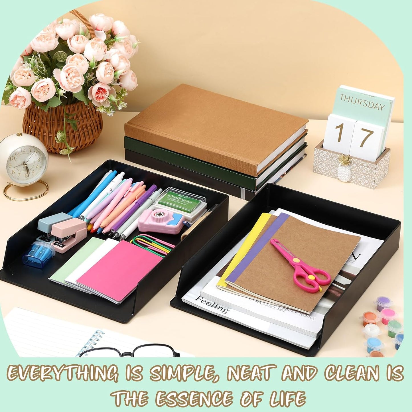 Wenqik 6 Pcs Stackable Paper Trays Rectangular Plastic Desk Holder Desktop Document File Organizer Storage Letter for Office Classroom (Black)