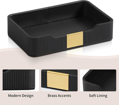 Valet Tray Desktop Storage Organizer, PU Leather Catchall Bedside Vanity Tray with Brass Accents Block Nightstand Organizer for Keys Watch Wallet Phone, Decorative Nightstand Storage (Green)