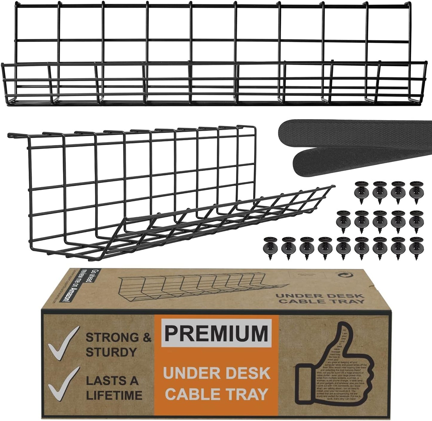 Compact Under Desk Cable Management Tray - Cable Organizer for Wire Management, Desk Wire Organizer, Cable Tray - Black Set of 2x12