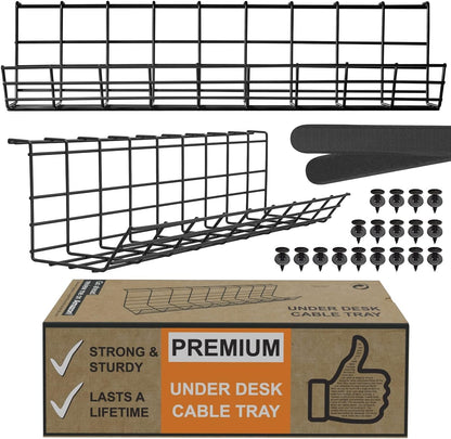 Compact Under Desk Cable Management Tray - Cable Organizer for Wire Management, Desk Wire Organizer, Cable Tray - Black Set of 2x12