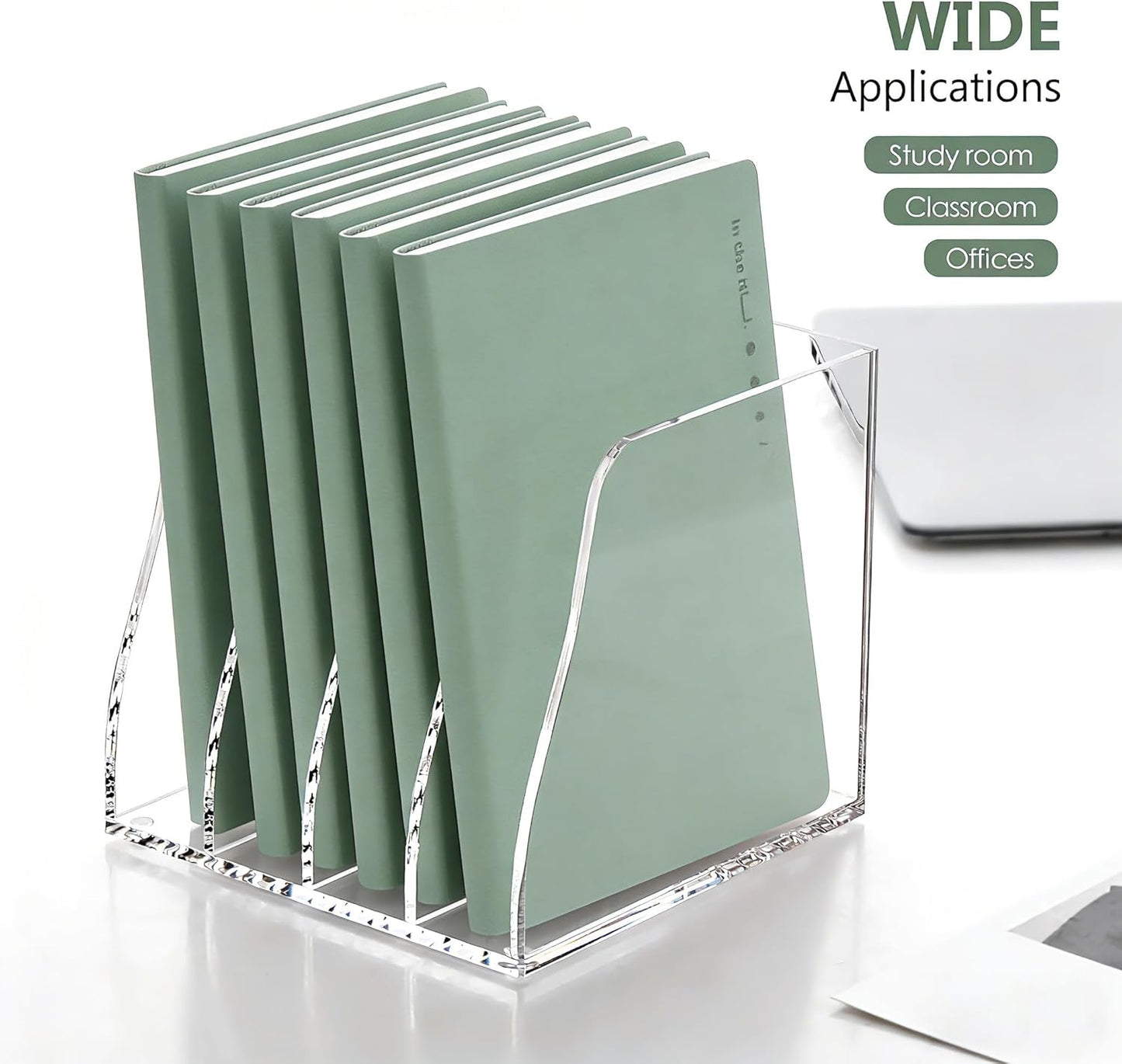 YUXUN Clear Acrylic File Folder Holder - 4 Vertical Compartments Desk Document Sorter, Upright Magazine Rack for Office/Home/Classroom, Stores Documents, Tablets, Magazines, Books & Accessories